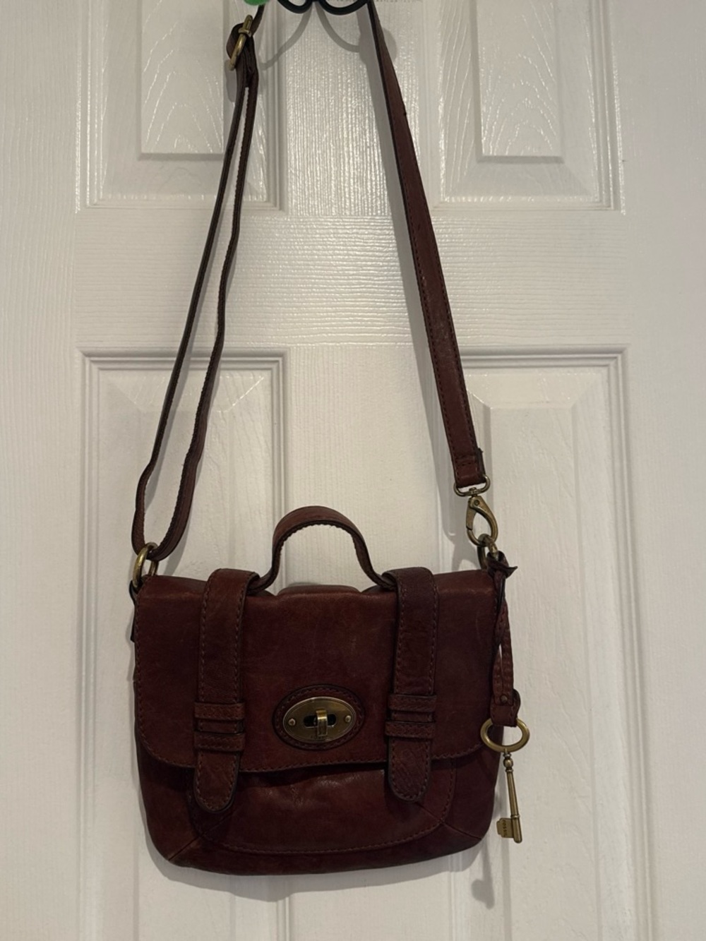 Fossil Dark Brown Leather Crossbody with Key Charm